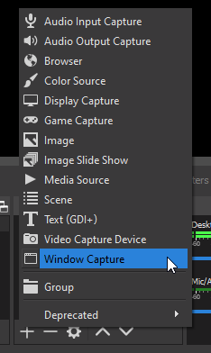 OBS source selection with Window Capture highlighted